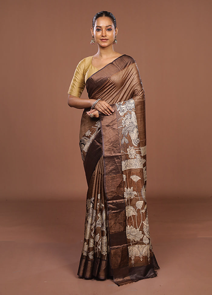 Cream Handloom Tussar Pure Silk Saree With Blouse Piece