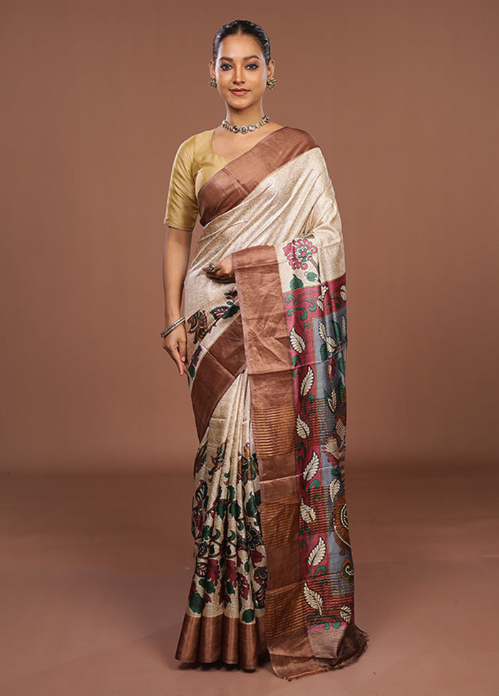 Cream Handloom Tussar Pure Silk Saree With Blouse Piece