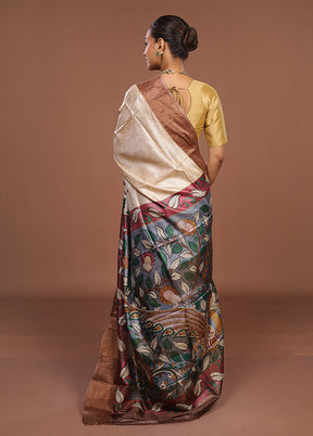 Cream Handloom Tussar Pure Silk Saree With Blouse Piece