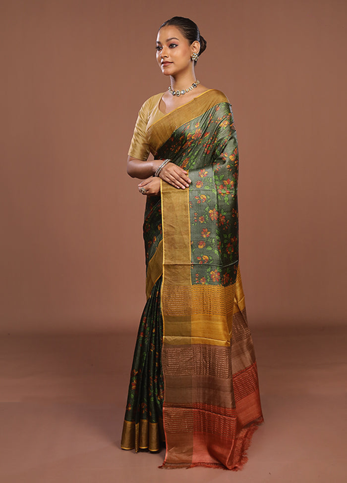 Green Handloom Tussar Pure Silk Saree With Blouse Piece
