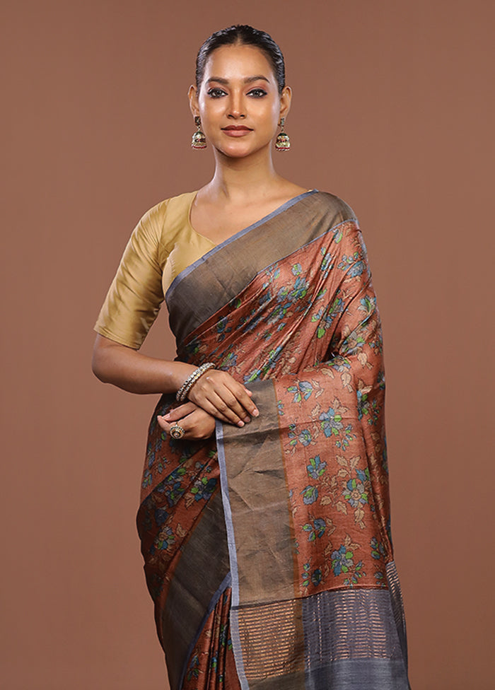 Brown Handloom Tussar Pure Silk Saree With Blouse Piece