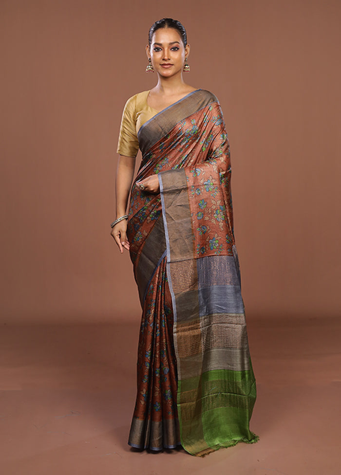 Brown Handloom Tussar Pure Silk Saree With Blouse Piece