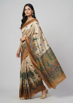 Cream Handloom Tussar Pure Silk Saree With Blouse Piece