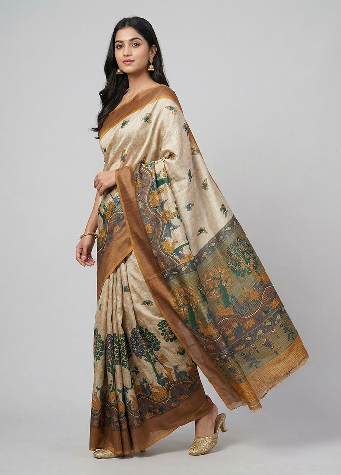 Cream Handloom Tussar Pure Silk Saree With Blouse Piece