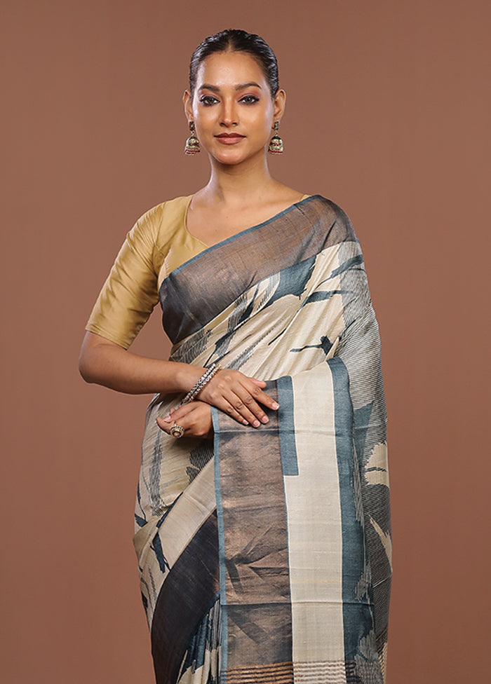 Blue Handloom Tussar Pure Silk Saree With Blouse Piece