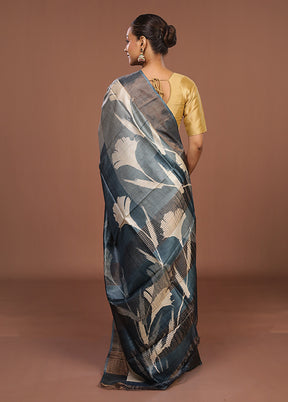 Blue Handloom Tussar Pure Silk Saree With Blouse Piece