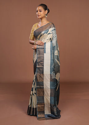 Blue Handloom Tussar Pure Silk Saree With Blouse Piece