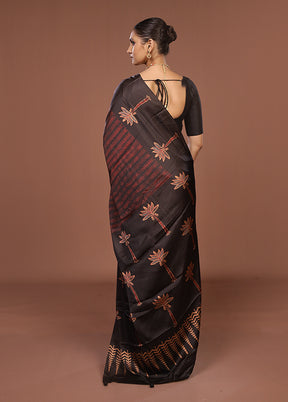 Black Printed Silk Saree Without Blouse Piece