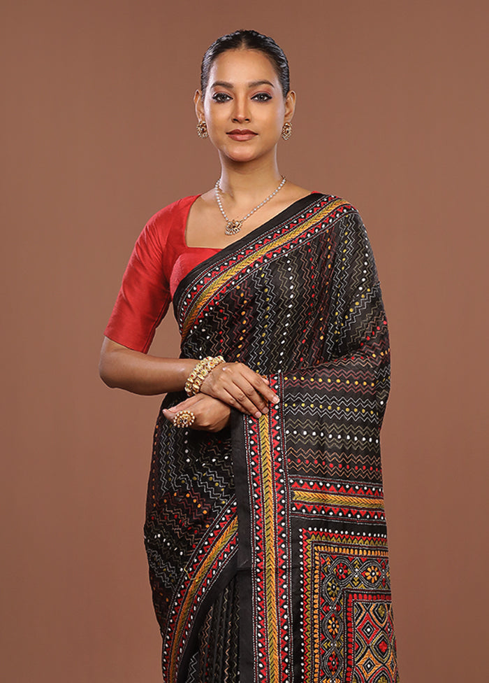 Black Handloom Kantha Stitch Pure Silk Saree With Blouse Piece