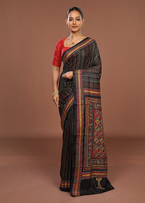 Black Handloom Kantha Stitch Pure Silk Saree With Blouse Piece