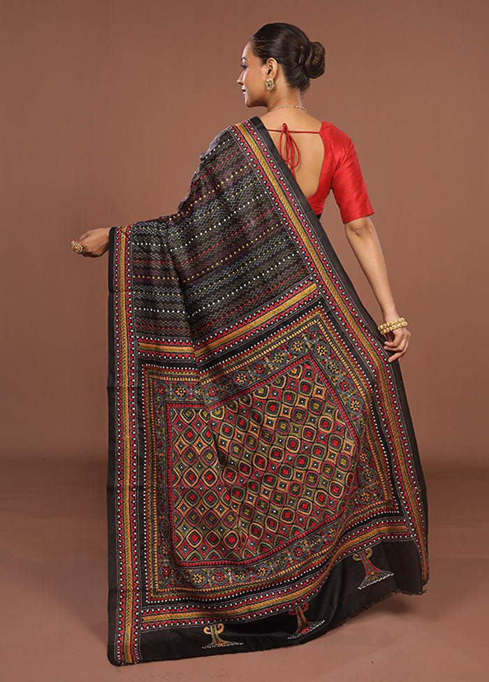 Black Handloom Kantha Stitch Pure Silk Saree With Blouse Piece
