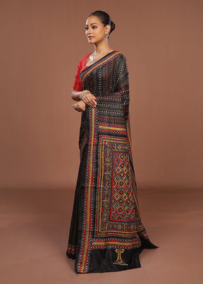 Black Handloom Kantha Stitch Pure Silk Saree With Blouse Piece