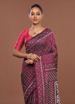 Purple Handloom Kantha Stitch Pure Silk Saree With Blouse Piece