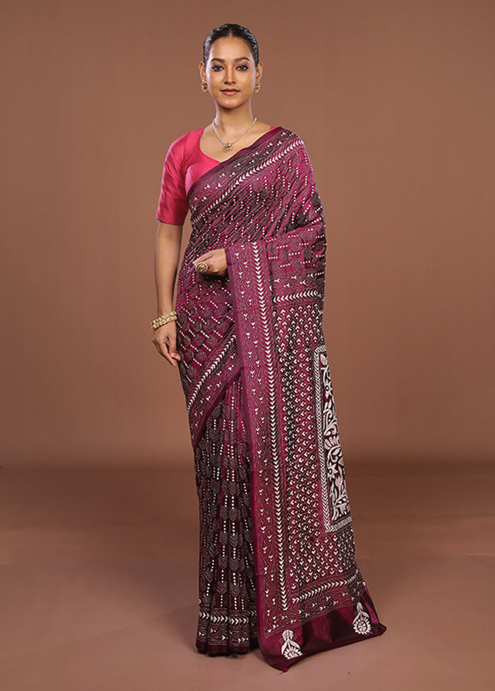 Purple Handloom Kantha Stitch Pure Silk Saree With Blouse Piece