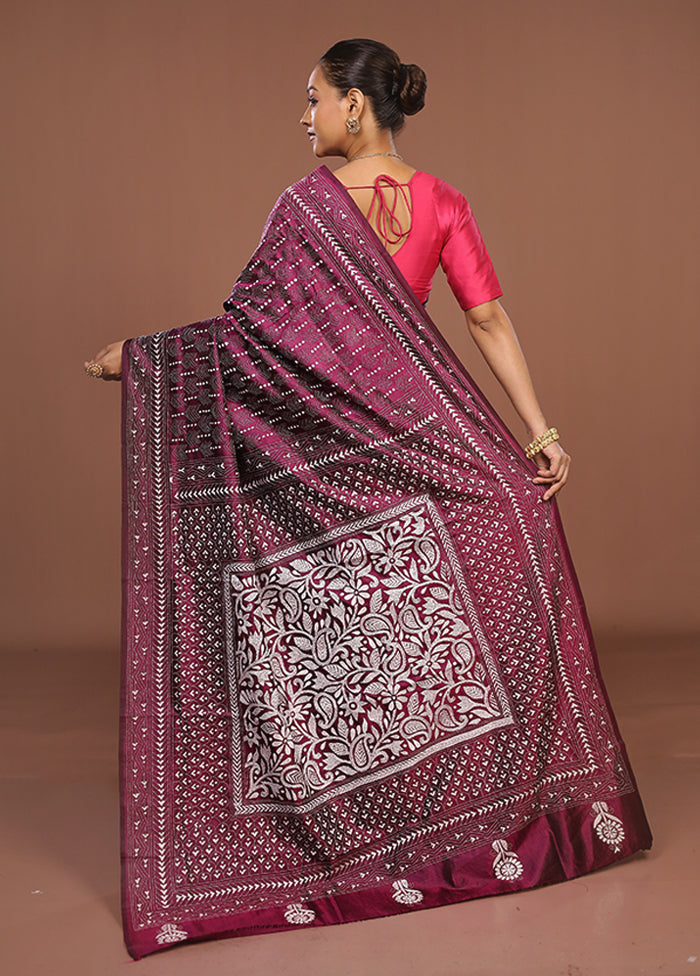 Purple Handloom Kantha Stitch Pure Silk Saree With Blouse Piece