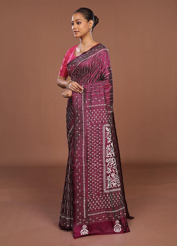 Purple Handloom Kantha Stitch Pure Silk Saree With Blouse Piece