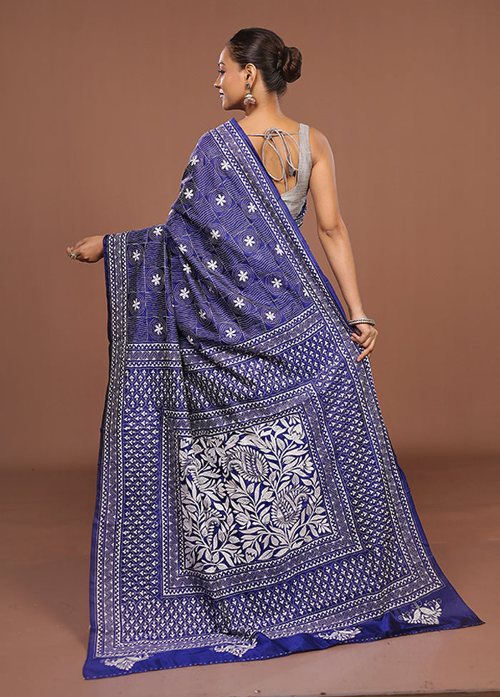 Blue Handloom Kantha Stitch Pure Silk Saree With Blouse Piece