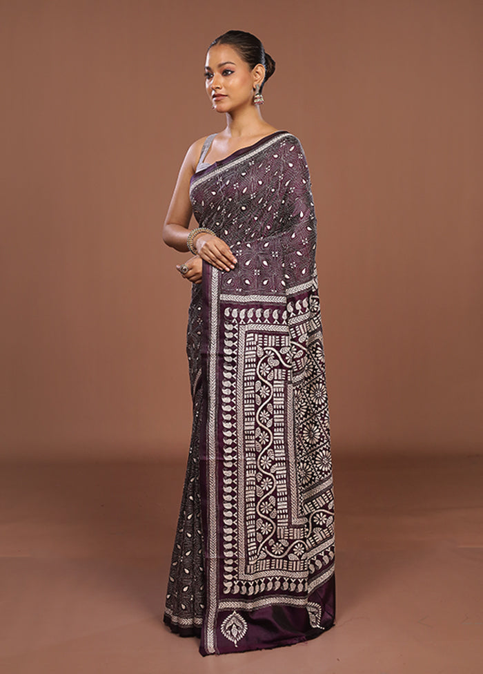 Purple Handloom Kantha Stitch Pure Silk Saree With Blouse Piece