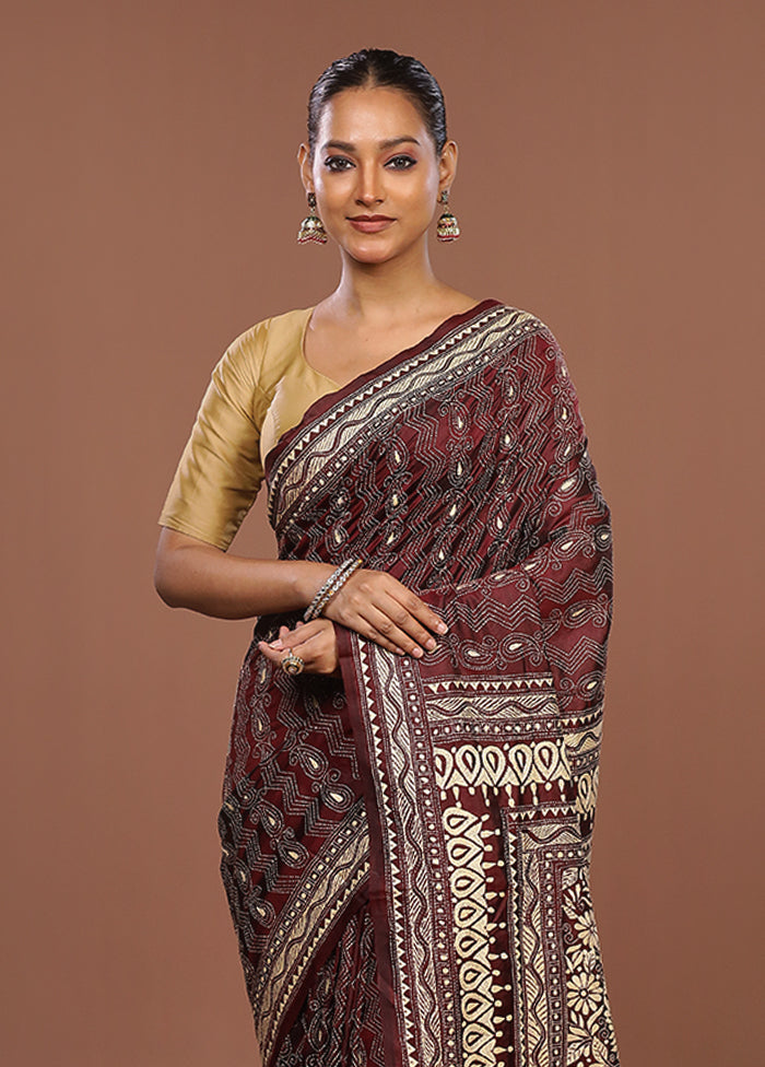 Maroon Handloom Kantha Stitch Pure Silk Saree With Blouse Piece