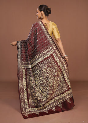 Maroon Handloom Kantha Stitch Pure Silk Saree With Blouse Piece