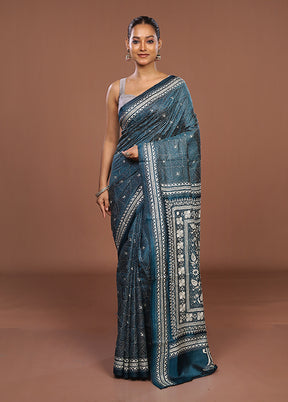 Green Handloom Kantha Stitch Pure Silk Saree With Blouse Piece