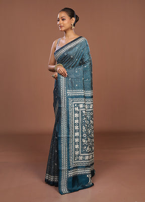 Green Handloom Kantha Stitch Pure Silk Saree With Blouse Piece