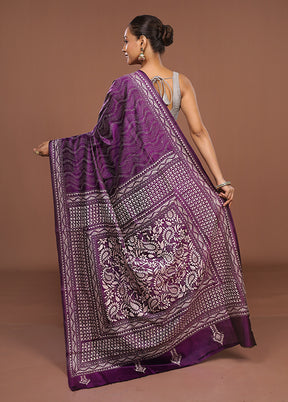 Purple Handloom Kantha Stitch Pure Silk Saree With Blouse Piece