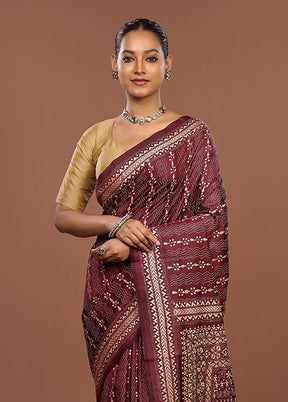 Maroon Handloom Kantha Stitch Pure Silk Saree With Blouse Piece
