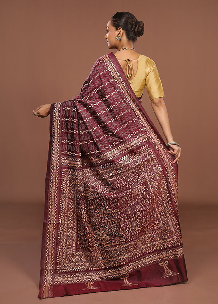 Maroon Handloom Kantha Stitch Pure Silk Saree With Blouse Piece