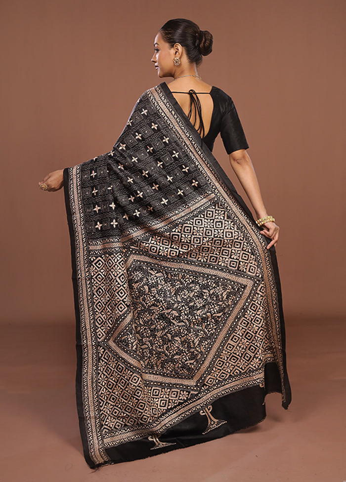 Black Handloom Kantha Stitch Pure Silk Saree With Blouse Piece