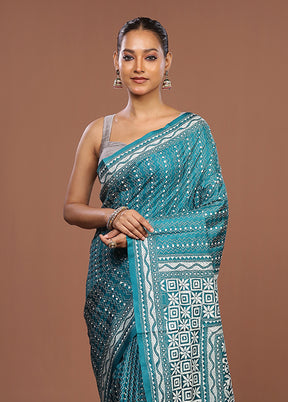 Green Handloom Kantha Stitch Pure Silk Saree With Blouse Piece