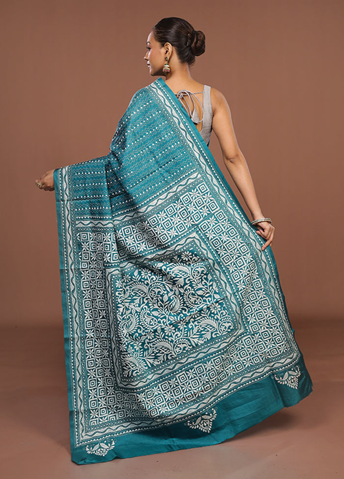 Green Handloom Kantha Stitch Pure Silk Saree With Blouse Piece