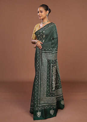 Green Handloom Kantha Stitch Pure Silk Saree With Blouse Piece