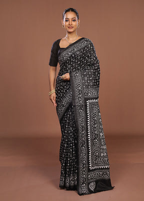 Black Handloom Kantha Stitch Pure Silk Saree With Blouse Piece