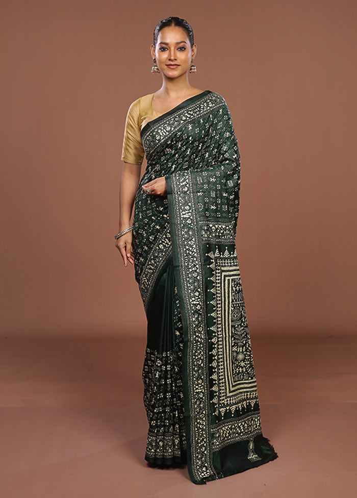 Green Handloom Kantha Stitch Pure Silk Saree With Blouse Piece