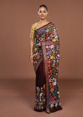 Maroon Handloom Kantha Stitch Pure Silk Saree With Blouse Piece