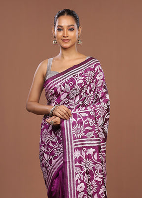 Purple Handloom Kantha Stitch Pure Silk Saree With Blouse Piece