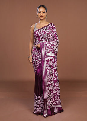 Purple Handloom Kantha Stitch Pure Silk Saree With Blouse Piece