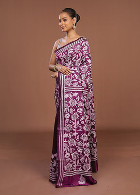 Purple Handloom Kantha Stitch Pure Silk Saree With Blouse Piece