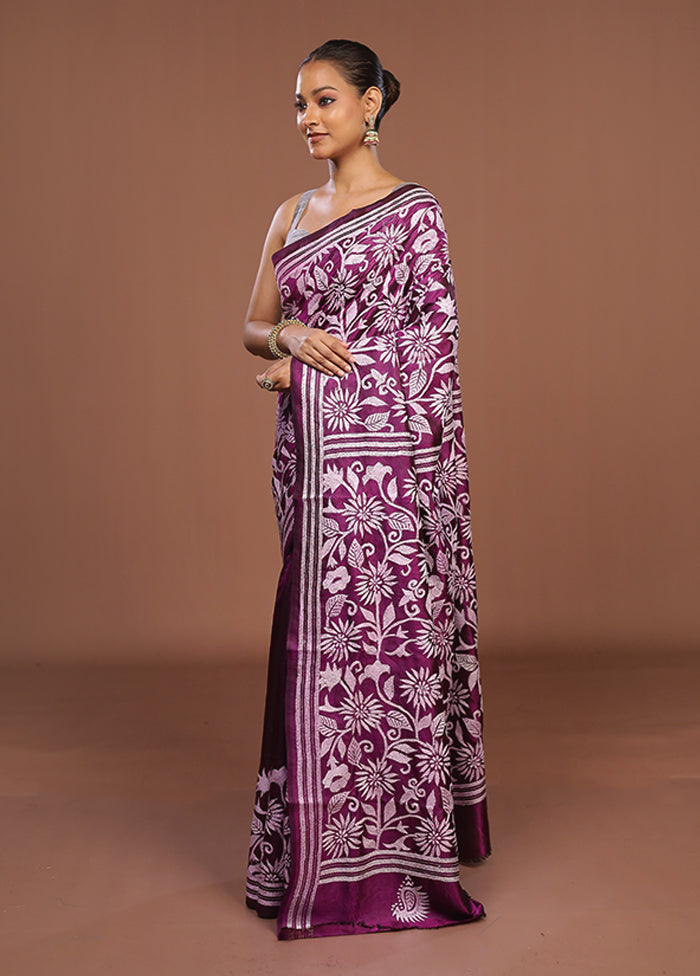 Purple Handloom Kantha Stitch Pure Silk Saree With Blouse Piece