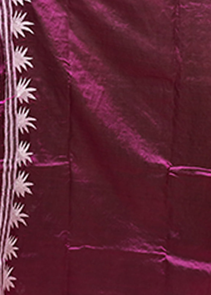 Purple Handloom Kantha Stitch Pure Silk Saree With Blouse Piece