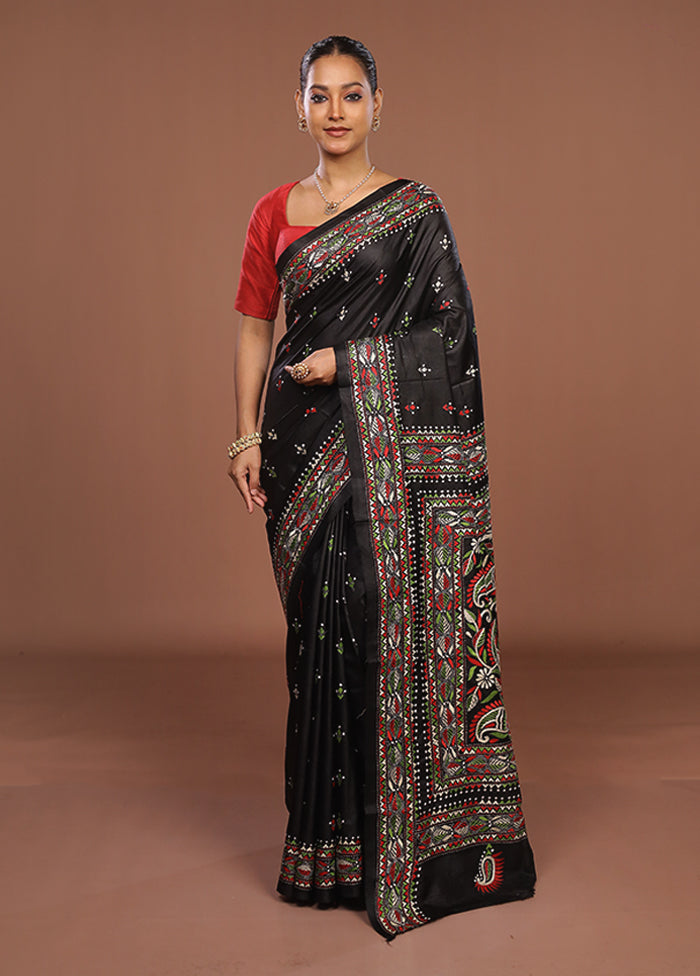 Black Handloom Kantha Stitch Pure Silk Saree With Blouse Piece
