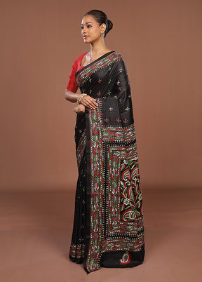 Black Handloom Kantha Stitch Pure Silk Saree With Blouse Piece