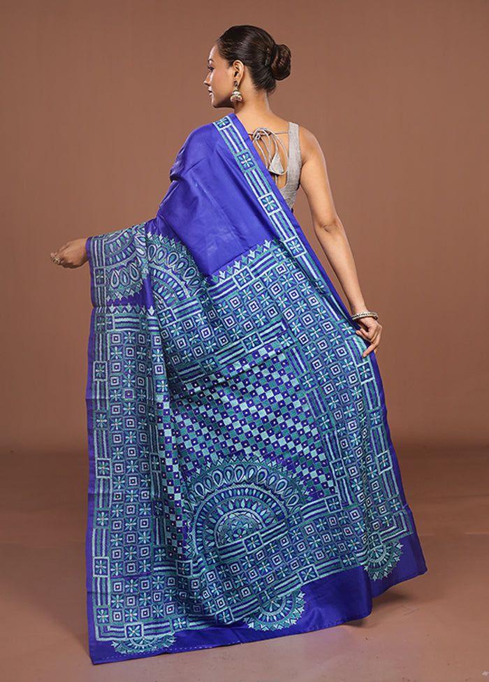 Blue Handloom Kantha Stitch Pure Silk Saree With Blouse Piece