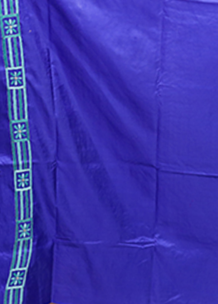 Blue Handloom Kantha Stitch Pure Silk Saree With Blouse Piece