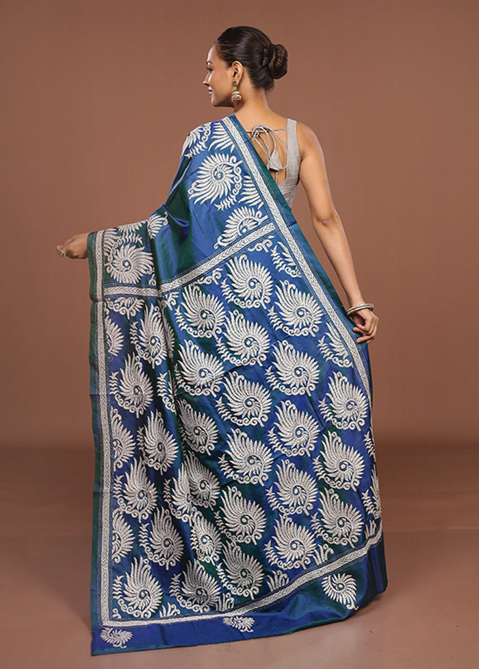 Blue Handloom Kantha Stitch Pure Silk Saree With Blouse Piece