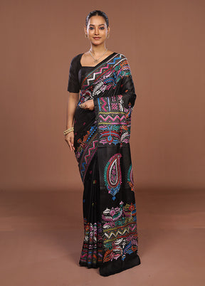 Black Handloom Kantha Stitch Pure Silk Saree With Blouse Piece