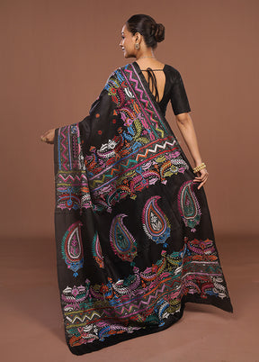 Black Handloom Kantha Stitch Pure Silk Saree With Blouse Piece