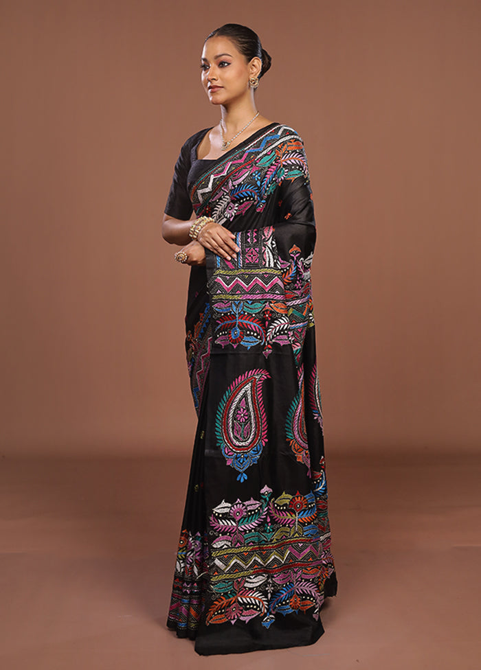 Black Handloom Kantha Stitch Pure Silk Saree With Blouse Piece