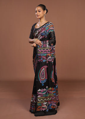 Black Handloom Kantha Stitch Pure Silk Saree With Blouse Piece